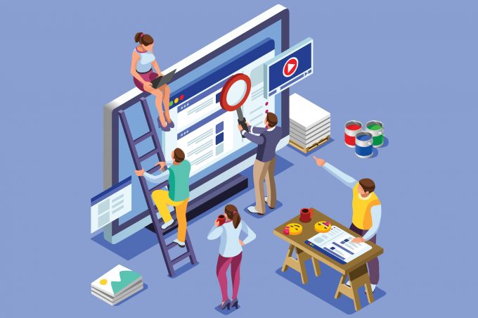 Isometric people images to create seo illustrations. Can use for web banner, infographics, hero images. Flat isometric vector illustration isolated on blue background.