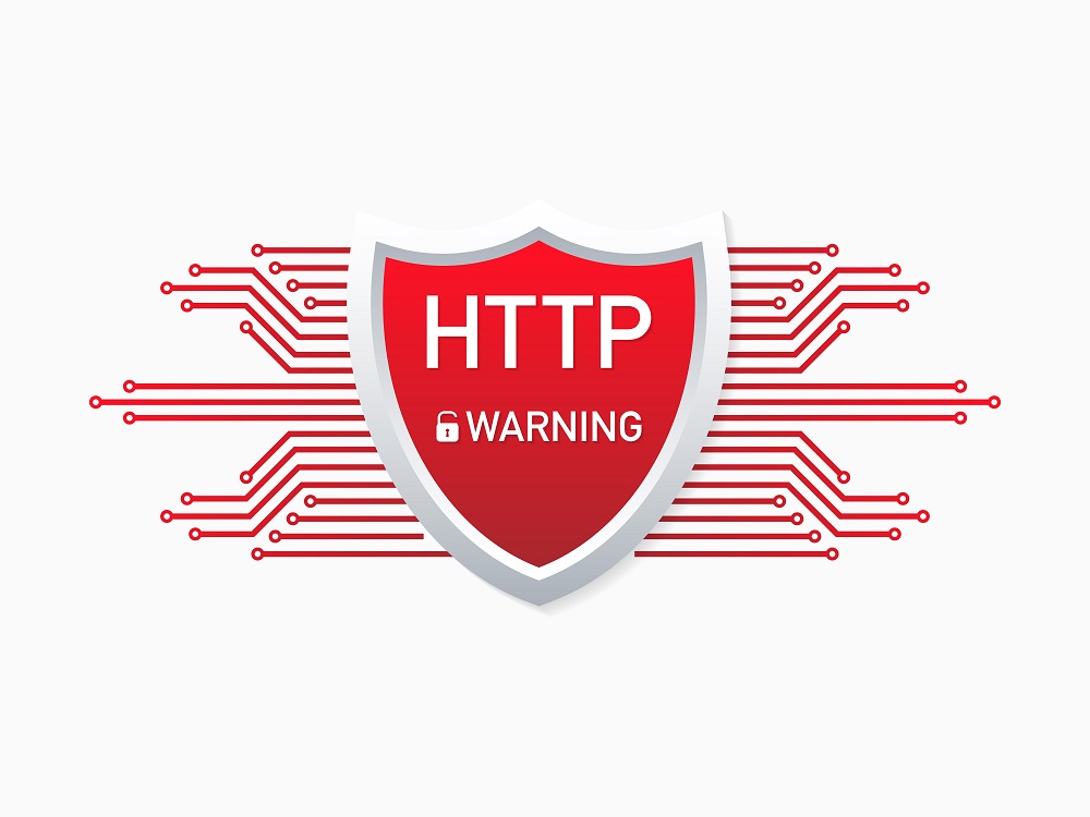 Outdated and dangerous HTTP protocol. Alert to switch to HTTPS. Safe and Secure Web sites on the Internet. Vector stock illustration.